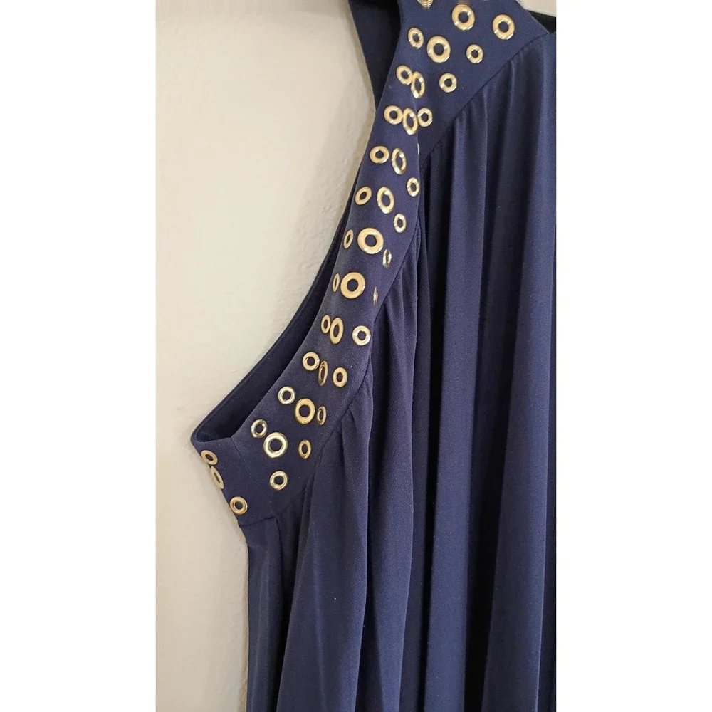 Michael Kors Womens Navy Blue Pleated Maxi Dress Gold Studded Halter Neck Size M